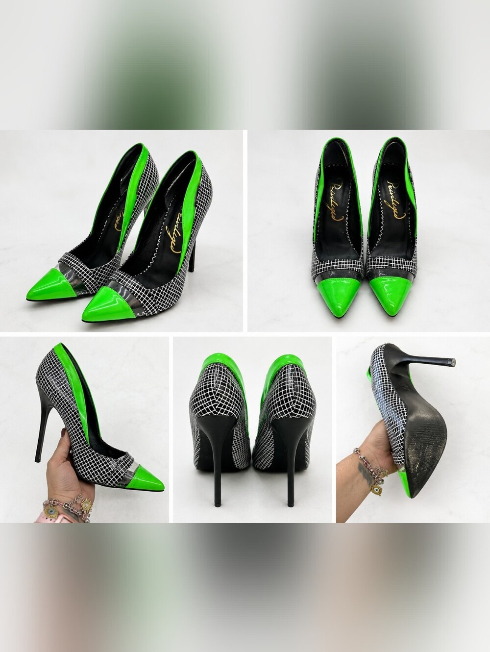 Privileged Neon Green and Black Grid Pointed-Toe Stiletto Heels